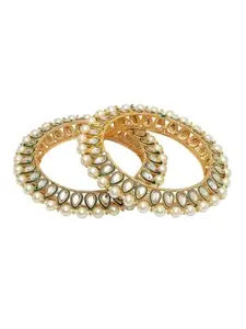 NVR Women Set Of 2 Gold-Plated Kundan-Studded & Pearls-Beaded Bangles