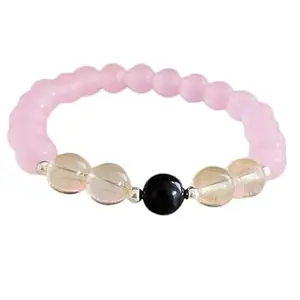RRJEWELZ Natural Pink Chalcedony, Citrine & Black Tourmaline 8mm round Shape smooth Cut Beads 7.5 Inch Stretchable Bracelet for Men & Women.|STBR_RR_07696_7.5