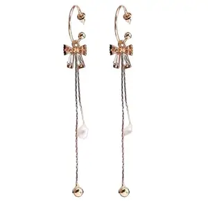 Yu Fashions Bow Knot Crystal Pearl Metal Drop Korean Earrings Pair