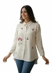 Hitarth Fashion Women Khadi Cotton Trendy Fit Shirt with 3/4 Sleeves and Hand-Embroidered Floral Motifs Off-White