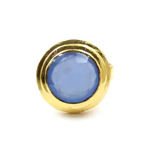 KHN Fashion Blue Chalcedony Round Shape Gold Plated Rings