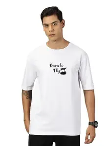 TFA THE FASHION ADDICTION TFA Oversized Tshirt for Men Printed Round Neck Cotton Lycra 3/4 Sleeve White S