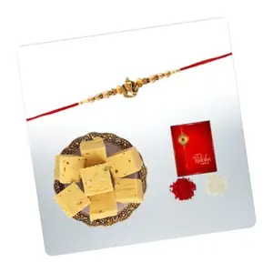 Poorak Religious Assorted Rakhi Gift Set – Ganesha Rakhi with Soan Papdi & Roli Chawal