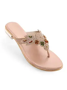 V-WALK Women's Slip-On Anti-Skid Embellished & Embroidered Flat Sandals | Ethnic, Festive Occasions, Shopping, Outdoor Women Sandals | Low Heel: 1 Inch | Champagne