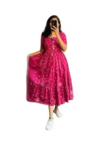 Women's Tiered Midi Dress, Floral Print, Short Sleeves, Cotton Blend