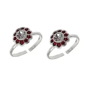 Sahiba Gems Pure Silver Beautiful Comfortable And Designer Red Flower Toe Ring | Beautiful Design | 2 Pieces Set