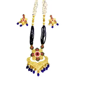 Traditional Indian Necklace Set, Gold-Plated with Blue Beads, Floral Meenakari Design, Wedding Jewellery
