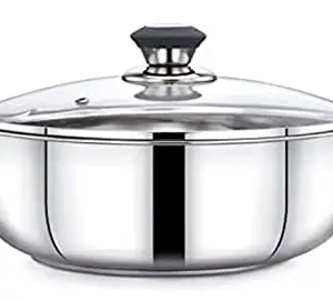 Praylady Stainless Steel 3 Ply Base Kadai with Glass Lid, ECSTASY Series (Dia 20cm, 2.0L). price in India.
