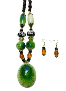 UMAR FASHION JEWELLERY Peacock Glass Beads Necklace with Indian Jewellery Set, Green
