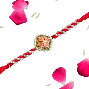 CraftEarth - Crafting Your Curiosity Elegant Pearl-Twist Rakhi | Coral Enamel Center with Golden Floral Accent – RK-230