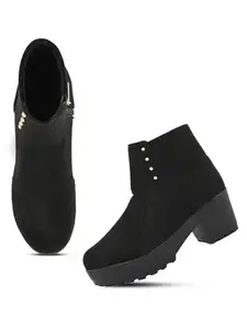 XE Looks 100% Vegan Leather Women's Black Suede Ankle Boots for Women | Chunky Heel with Decorative Studs | Comfortable & Stylish Winter Boots For Girls & Women