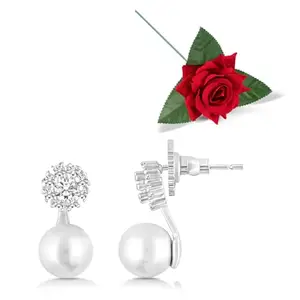 Peora Silver Plated Pearl & CZ Studded Drop Earrings Valentines Gift for Women & Girls with Red Rose