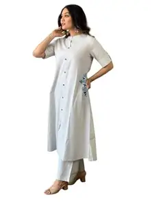 Honesst Ennterprise Women's Cotton Embroiderd Long A-Line Kurti with Palazzo