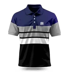 LIMDILEVEN Men Colorblock Polo Neck Cotton Blend Light T-Shirt, Turquoise Grey Black White Striped