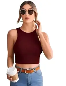 Fashion Passion India Women's Sleevless Crop Tank Top | Women’s Solid Ribbed Sleevless Stretchable Round Top/T-Shirt for Casual