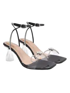 Shoetopia Women's Transparent Black Block Heel Sandals | Stylish Ankle Strap Party Heels with Rhinestone Bow Detail | Elegant Dress Sandals for Wedding & Evening Footwear EU41