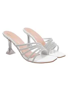 Shoetopia Women’s Silver Rhinestone Strap Heeled Sandals – Block Heel, Open Toe, Party & Wedding Footwear EU 40