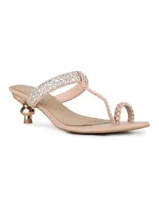 Inc.5 Women Peach Party Wear Embellished Square Toe Kitten Heel Sandals