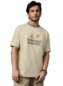 The Souled Store Disney: No Worries Men and Boys Short Sleeves Round Neck Beige Embroidered Casual Lightweight Drop Shoulder Streetwear Trendy Oversized T-Shirt