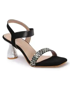 Carlton London Women Black Stylish Fashion Embellished Sandals for Outdoor, Party, Wedding and Holidays with Stiletto Heels (36)