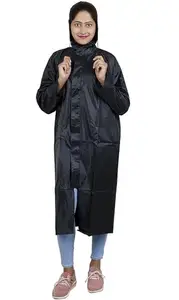 Neekshaa Women Solid Rain Coat/Overcoat with Hoods and Side Pockets and Waterproof Raincoat, Size-Free, Color-Black