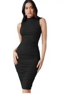 Women's Sleeveless High Neck Midi Bodycon Dress – Slim Fit Knee Length Elegant One Piece Outfit for Party, Evening, Date Night, Office