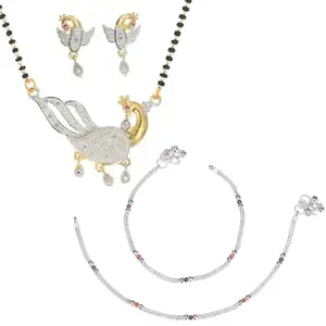 AanyaCentric Gold-plated American Diamond Mangalsutra with Pendant & Earring Set and Silver Plated Anklet
