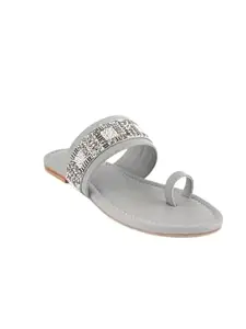 scentra fashion Women's Beaded Embellished Slip-On Flat Sandals – Elegant and Comfortable Toe-Ring Sandals for Casual and Dressy Outfits (Grey, UK Footwear Size System, Adult, Women, Numeric, Medium, 5)