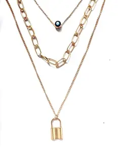 Fashion layered necklace 3 piece combination Lock pendant gold plated necklace