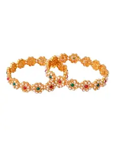 Shoshaa Set Of 2 Gold-Plated Stone-Studded Beaded Traditional Bangles for Women and Girls