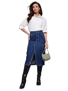 Miss Chase Women's Straight High Rise Midi Denim Skirt (MCAW24DEN92-84-115-34, Blue, 34)