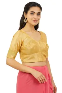 Fashion Secret Round Neck Cotton Silk Fabric Half Sleeve Gold Readymade Saree Blouse for Women's