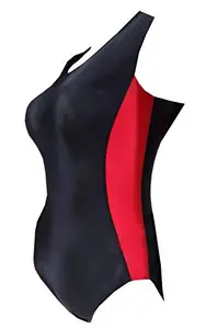 LYCOT- Ladies Leo Top Cut Sleeves Pattern Black-Red Swimwear (Size: L)