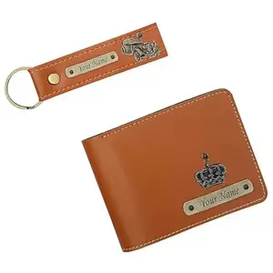 NAVYA ROYAL ART Men's Leather Wallet and Keychain Combo with Personalised Name and Logo on Wallet - Design 4, Tan