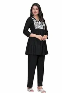 Women's Rayon Kurta with Embroidered Yoke, V-Neck, Long Sleeve, Hip Length, Regular Fit, Available in Maroon and Black