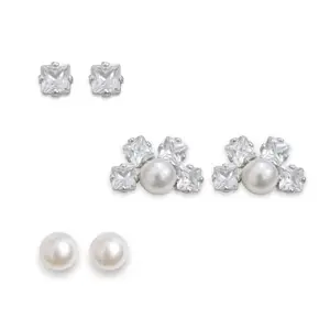 AccessHer Silver-Tone Pearl & Crystal Stud Combo for Multiple Piercing Earrings | Dainty Western Style Top Stud Earring Set | Lightweight Earrings for Girls and Women (Set Of 3) (Design 1)