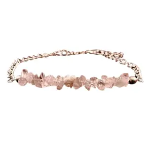 LKBEADS Silver Plated Bracelet with Pink Uncut Rose Quartz Beads – Nugget 3.5-4mm – 7 inch Adjustable – For Men & Women|LK_STACK_05840