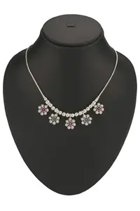 Vintage Style Floral Necklace with Red and Green Stones, Silver-Toned Chain, 5 Flower Pendants