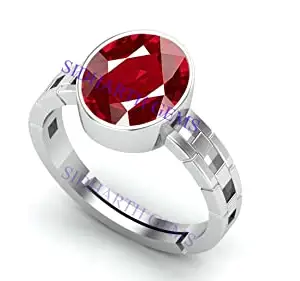 JEMSKART 8.25 Ratti Ruby (Manik/Manikya/Maneek) Gemstone Panchdhatu White Silver Plated Ring for Astrological Purpose (Lab - Teseted)