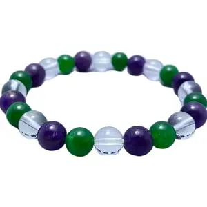 RRJEWELZ Natural Amethyst, Green Jade & Crystal Quartz 8mm Round Shape Smooth Cut Beads 7.5 Inch Stretchable Bracelet For Men & Women. Unisex Bracelet For Healing, Meditation & Luck|STBR_RR_10602_7.5