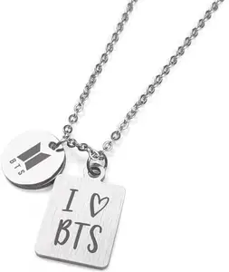 VR Creatives BTS Logo with Text and Stainless Steel Pendant Necklace/Locket Chain for Army Girls Silver