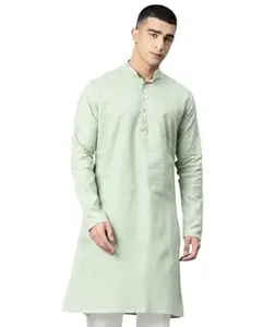 Majestic Man Men's Cotton Regular Fit Casual Mandarin Collar Ethnic Motifs Solid Long Kurta