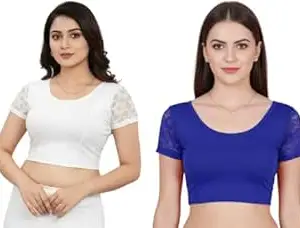 TRUNESS Round Neck Cotton Lycra Stretchable Half Net Sleeve Readymade Saree Blouse for Women and Girls, Size (26 to 44)