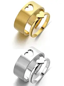 Vembley Combo Of 2 Silver and Golden Heart Couple Ring Matching Wrap Finger Ring for Women and Men
