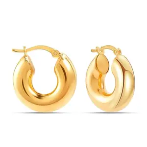 LeCalla 925 Sterling Silver Small Chunky Hoop Earrings for Women | BIS Hallmarked 14K Gold-Plated Minimalist Puffed Hoops Earring | Women's Round Hoop Earrings 18MM