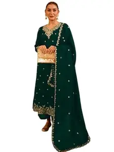 Naixa Women's Vichitra Silk Embroidered A-Line Kurta with Pant and Dupatta Sets (NX-845)