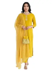 Amazon Brand - Tavasya Women's Rayon Embroidered Straight Kurta Set with Rayon Pant and Taby Laced Dupatta | Kurti Set for Women