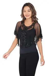 Women's for Poncho Net New Hand Bead Embroidery Designer Short Cape Poncho (IN, Alpha, Free Size, Regular, Black Black)