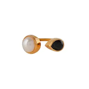 VOYLLA Mother's Day Open Half Pearl With Black Pear Shaped Cz Ring