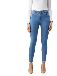 Dolce Crudo Women's Blue Skinny High Rise Clean Look Fringe and Side Zipper Detailing Cropped Denim Jeans(DOSS19DEN07-27-115_Blue_28)